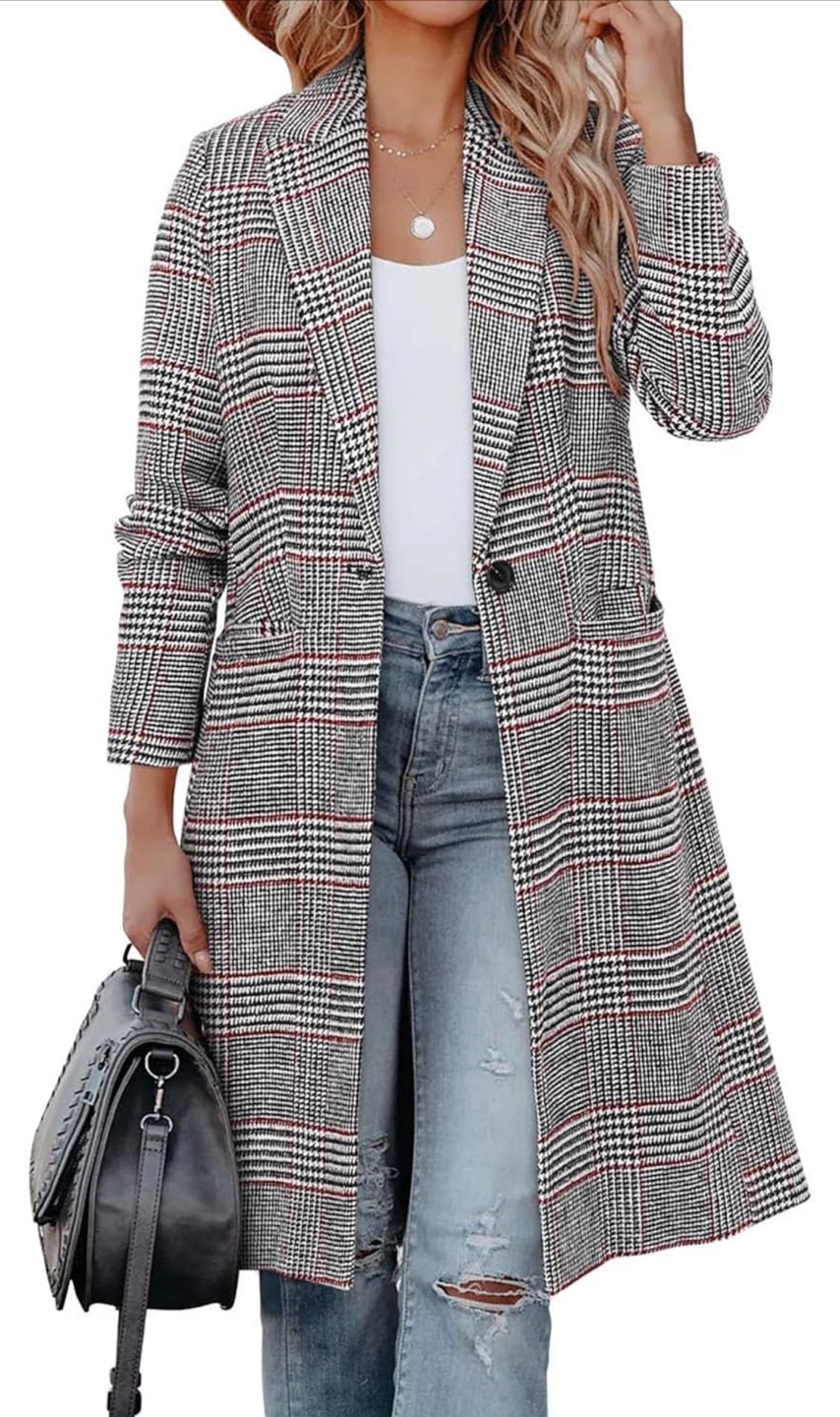 NEW! Notch Lapel Wool Blend Pea Coat Long Plaid Coat