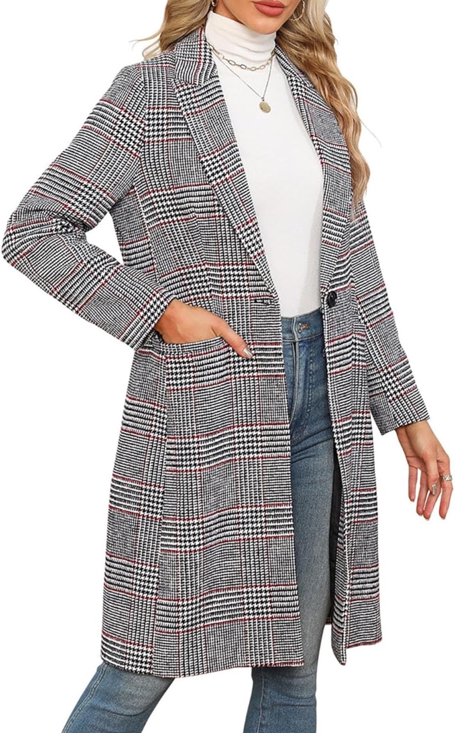 NEW! Notch Lapel Wool Blend Pea Coat Long Plaid Coat - photo 3