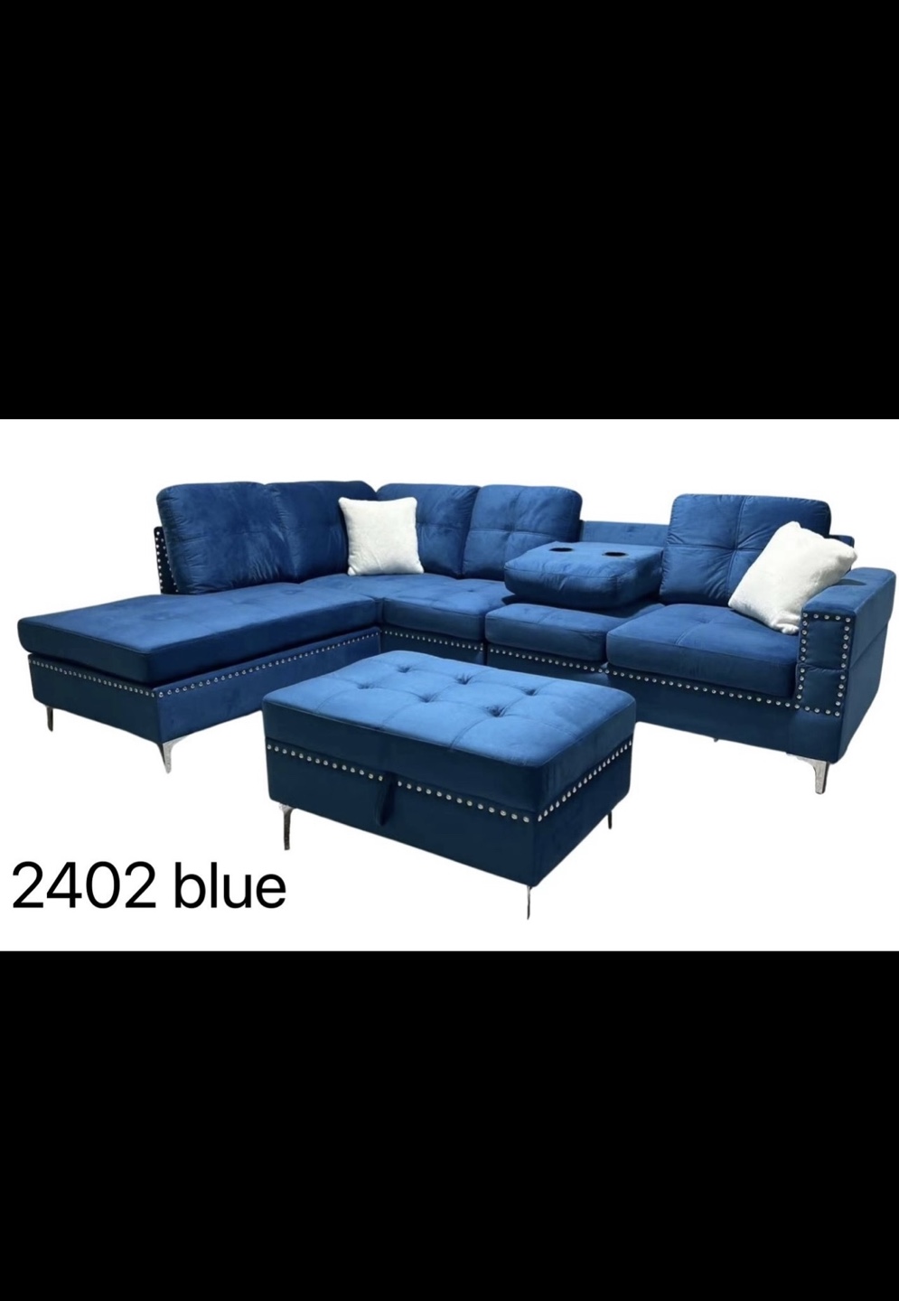 New! Blue Velvet Sectional Sofa with Ottoman