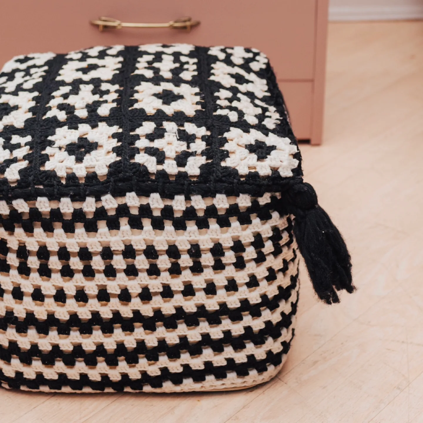 Midcentury Vintage Ottoman with Handmade Crochet Cover 🖤 image indicator(3)