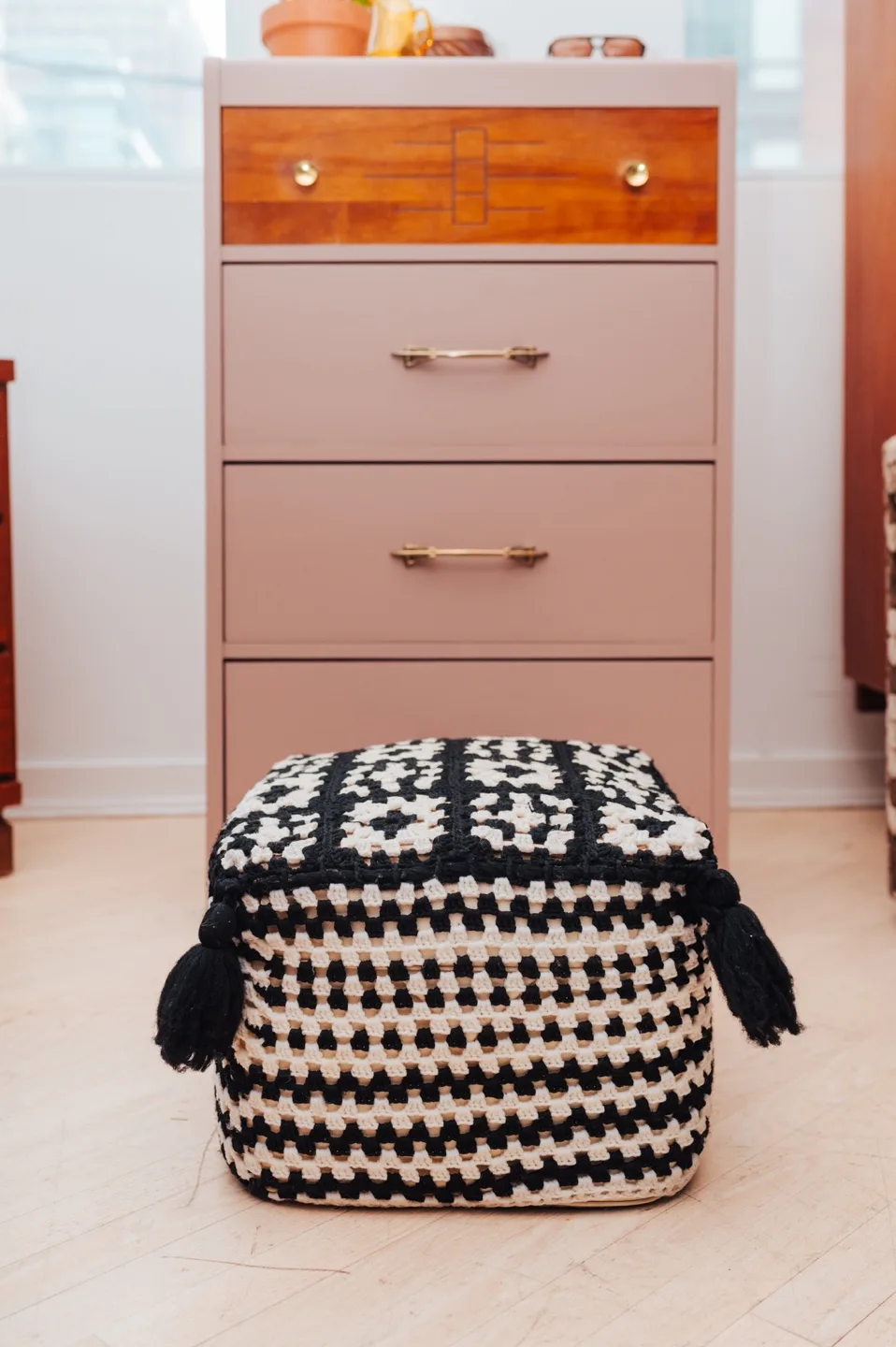 Midcentury Vintage Ottoman with Handmade Crochet Cover 🖤 image indicator(4)