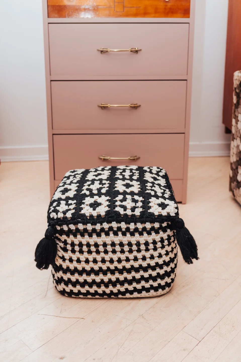 Midcentury Vintage Ottoman with Handmade Crochet Cover 🖤 image indicator(6)