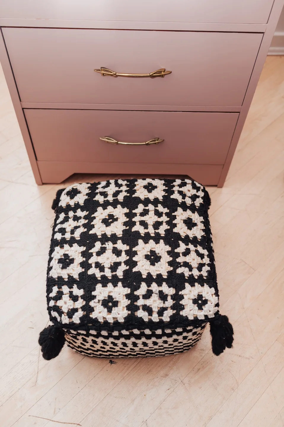 Midcentury Vintage Ottoman with Handmade Crochet Cover 🖤 image indicator(5)