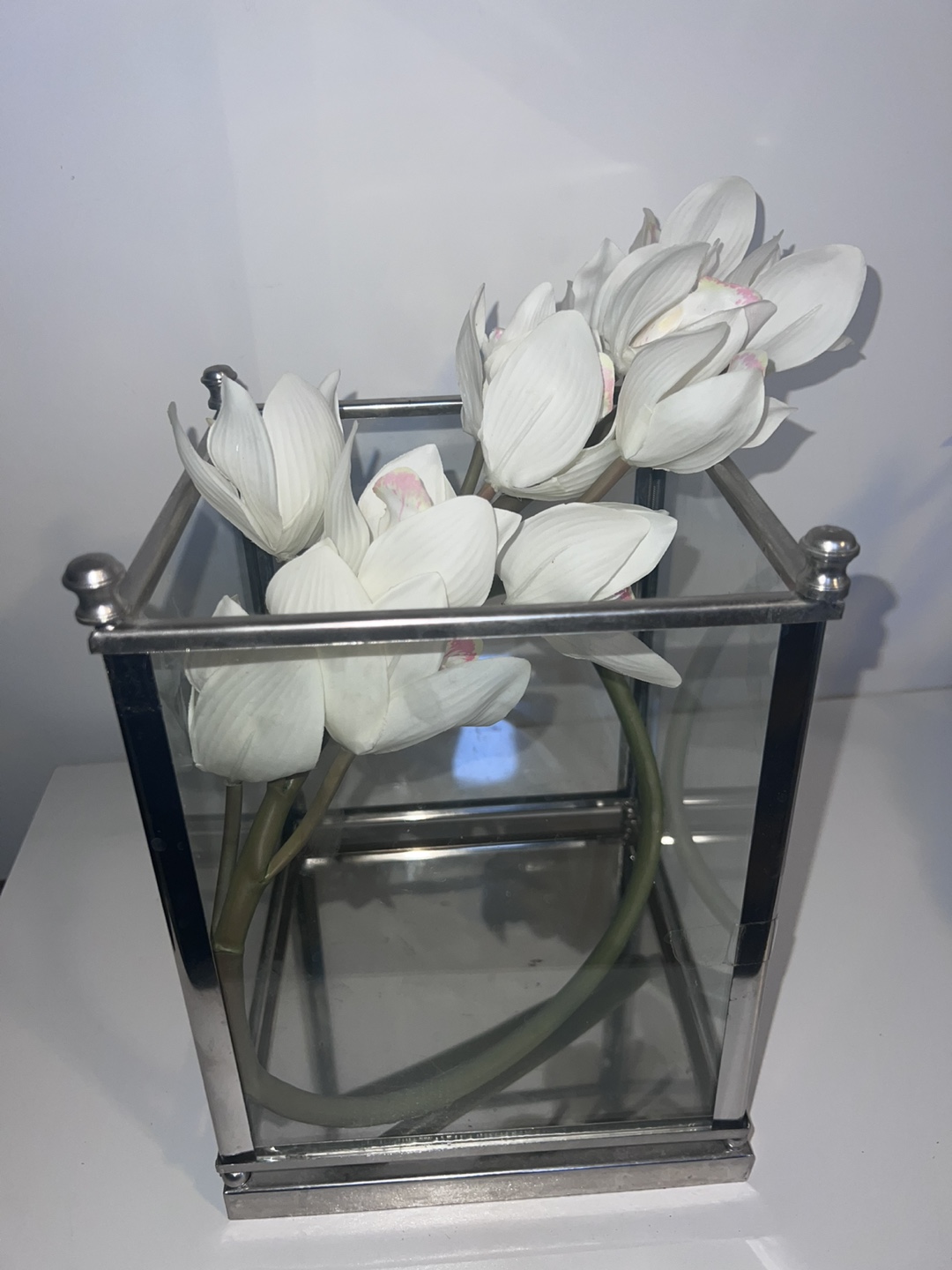 Glass Cube Vase with Artificial Flowers