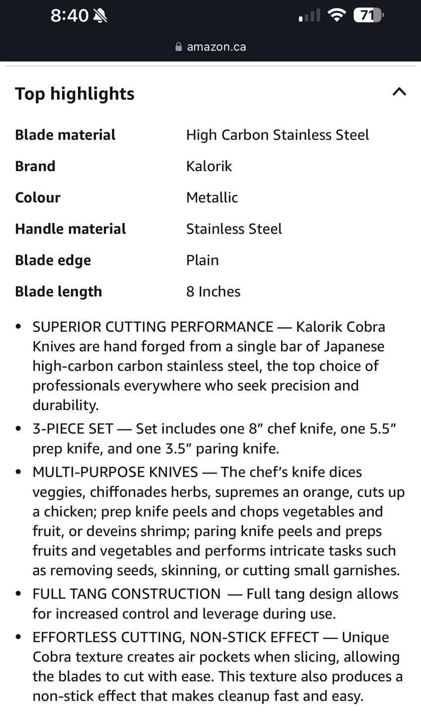 KALORIK 3-PIECE CHEF/PREP/PARING KNIFE SET - photo 5