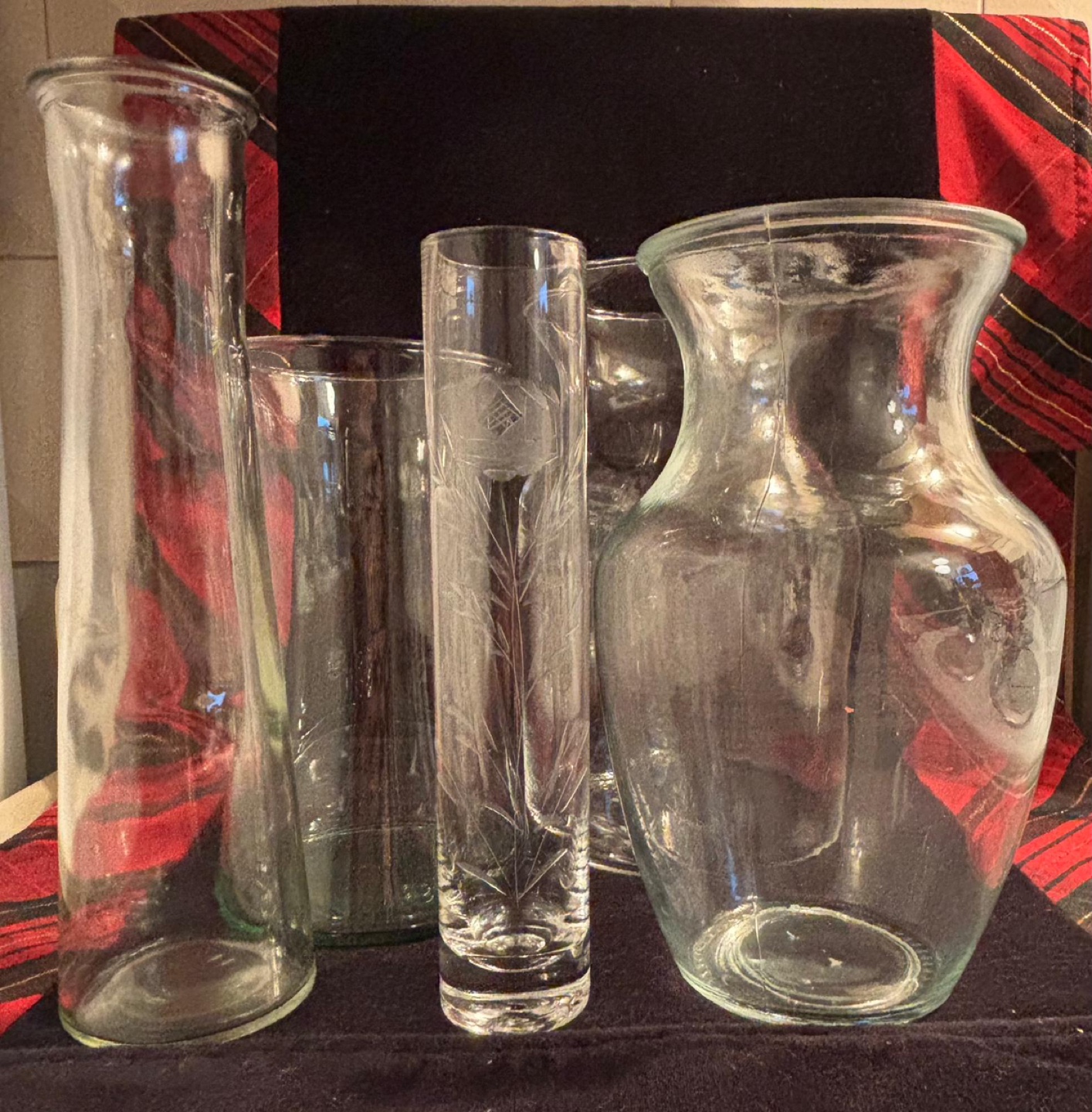 Set of five  Clear Glass Vases