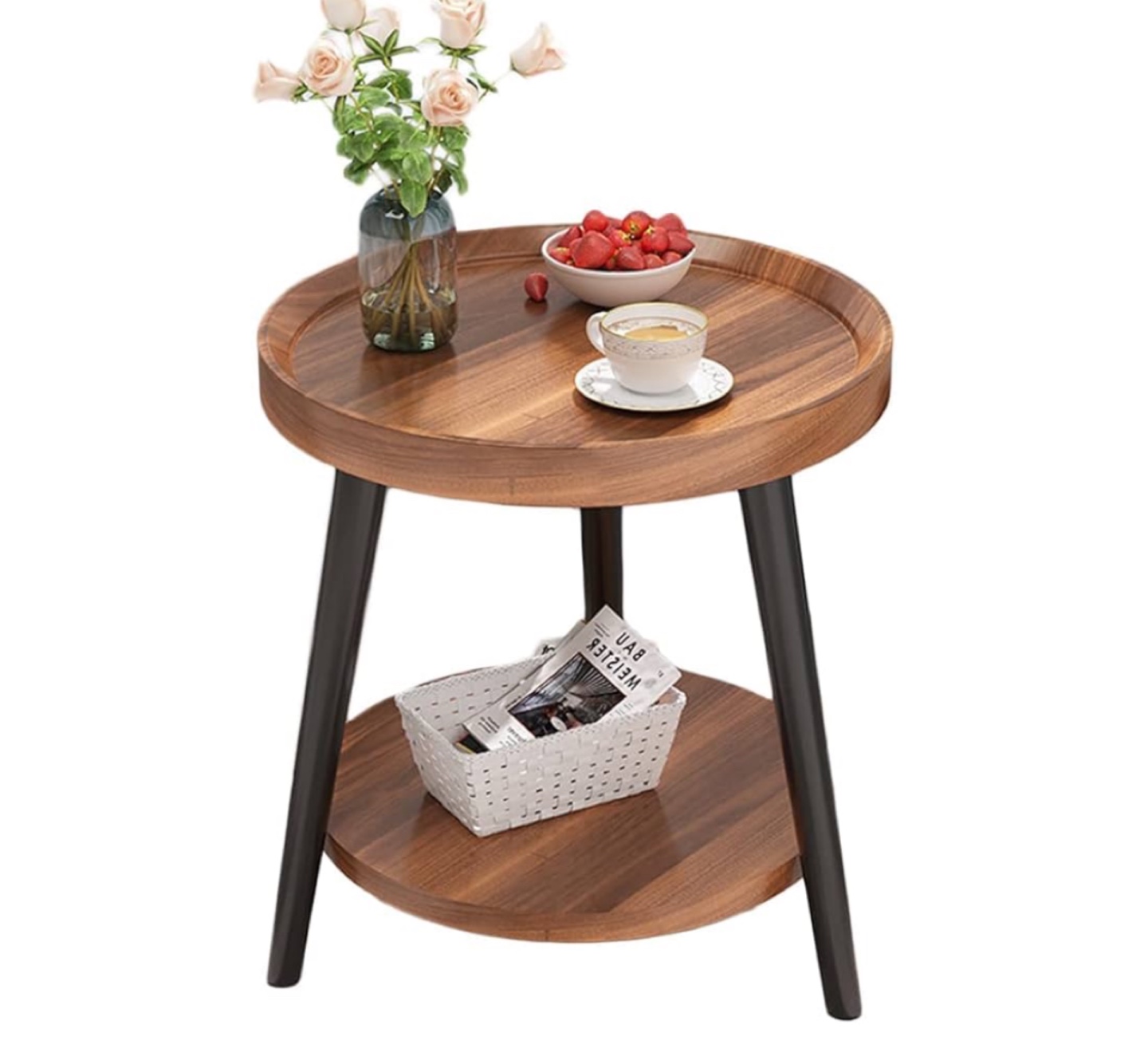 Round Two-Tier Side Table with Black Legs