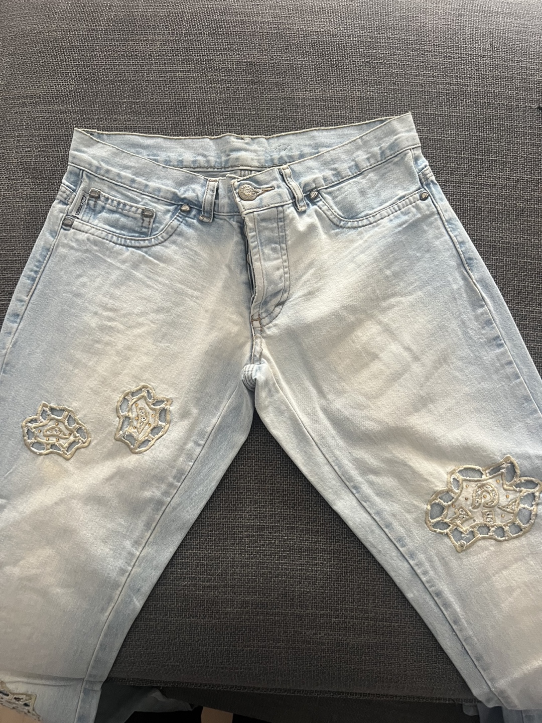 Ossira Light Wash Flare Jeans with Embroidery