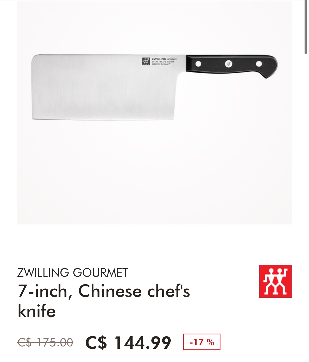 ZWILLING Gourmet 7-inch Chinese Chef's Knife