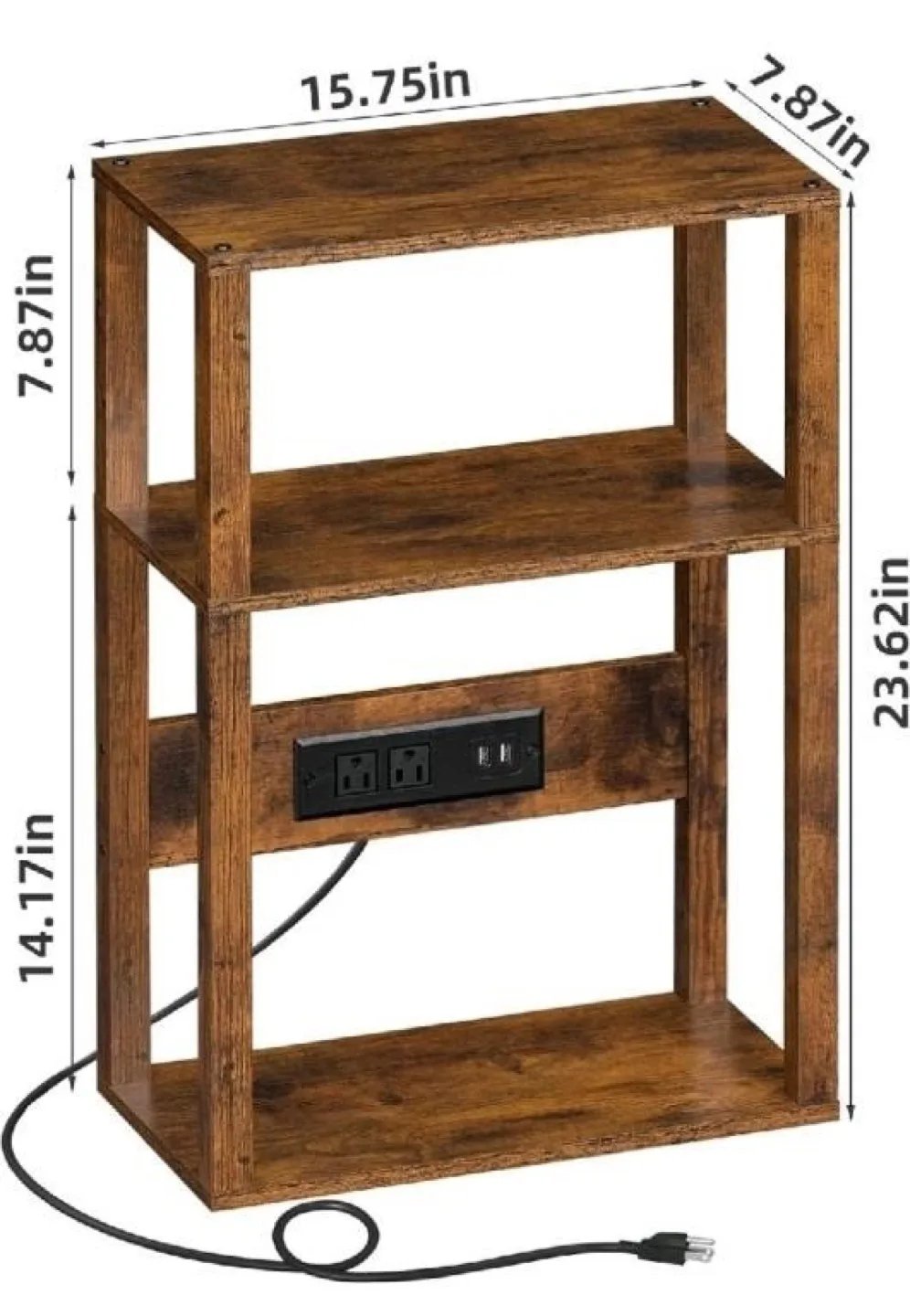 Rustic Brown Wooden 3-Shelf Nightstand with Built-in Power Strip image indicator(2)