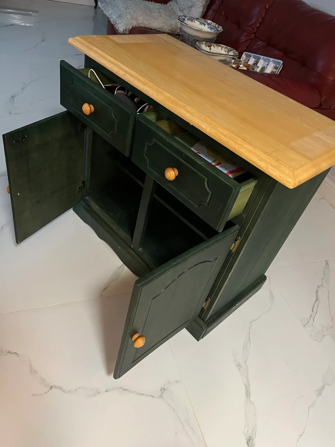 Dark Green Wooden Cabinet with Light Wood Top thumbnail
