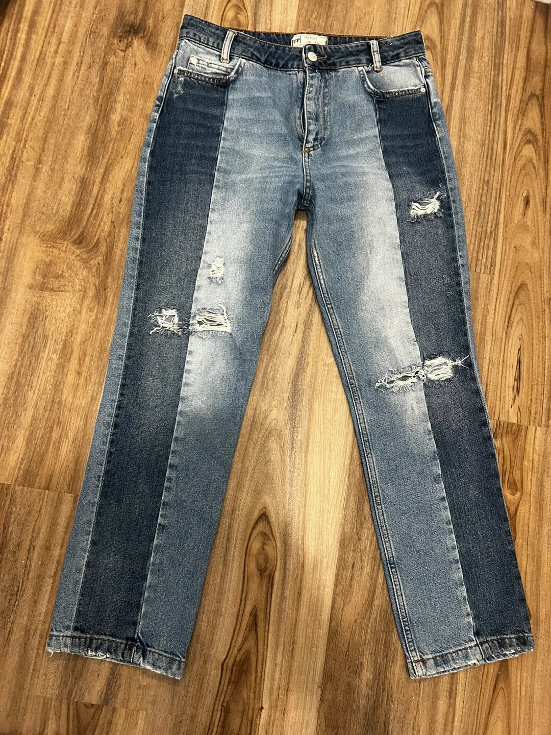 Free People Distressed Two Tone Patchwork Jeans image indicator(2)