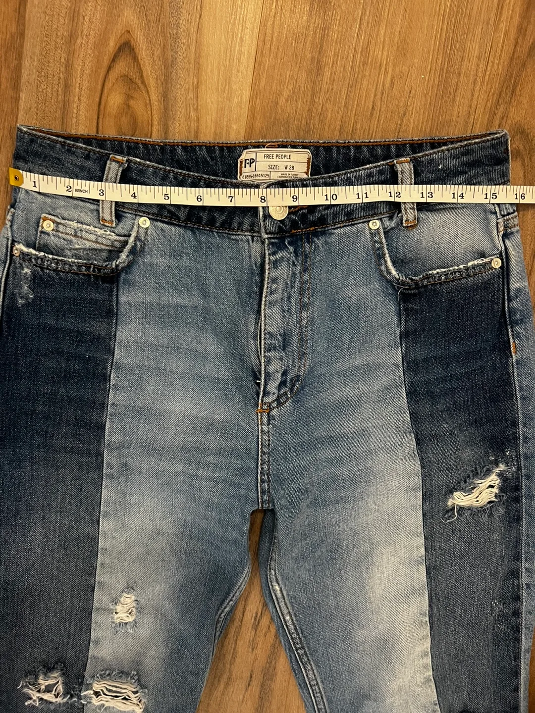 Free People Distressed Two Tone Patchwork Jeans image indicator(5)