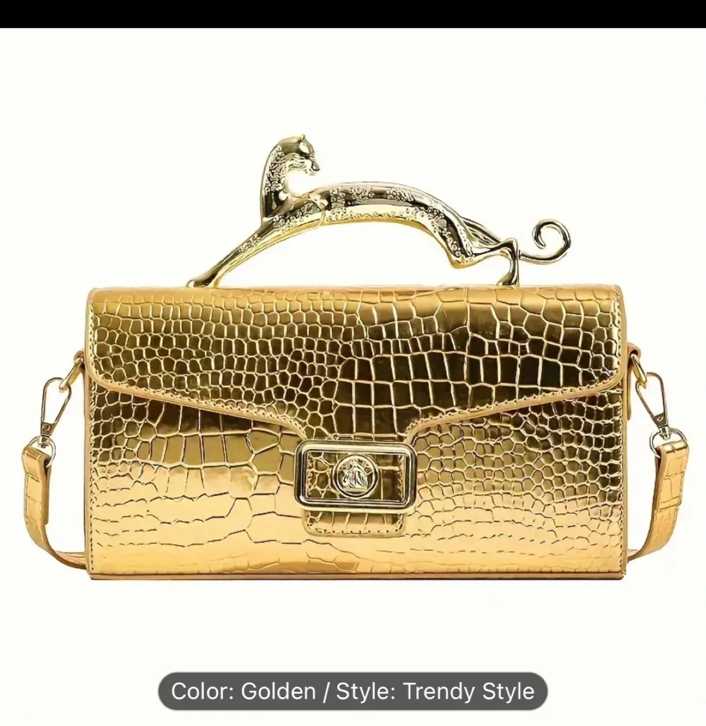 Gold & Silver Crocodile-Embossed Clutch with Panther Handle image indicator(2)