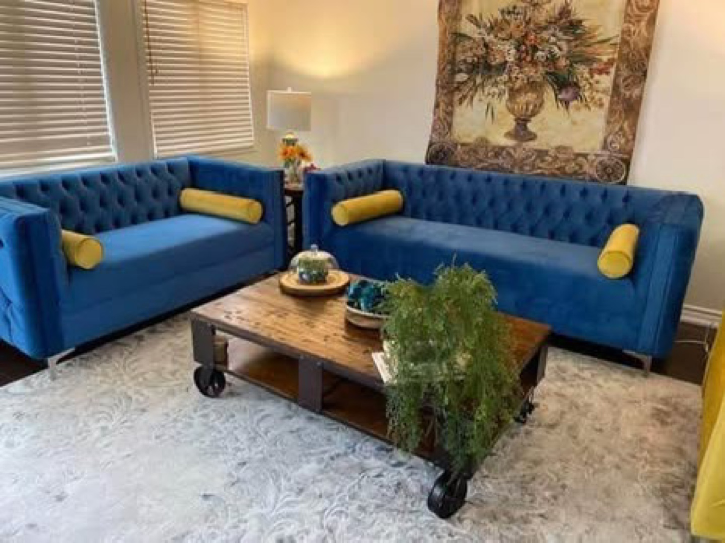 Blue Velvet Sofa Set with Yellow Accents - photo 2