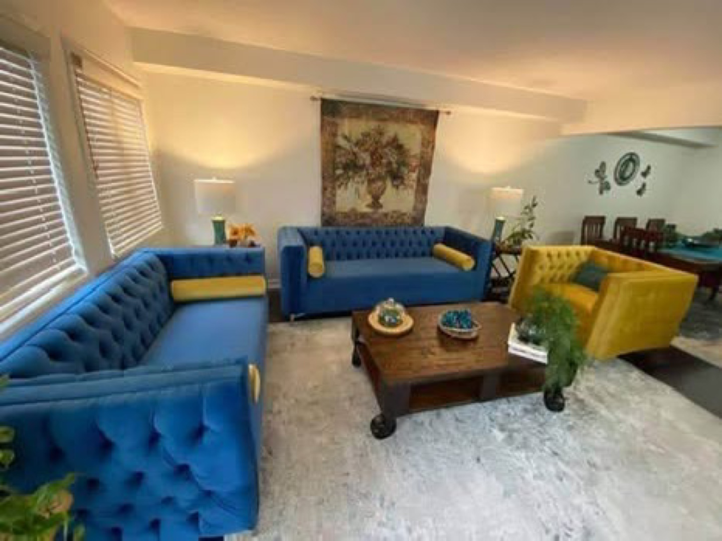 Blue Velvet Sofa Set with Yellow Accents - photo 3