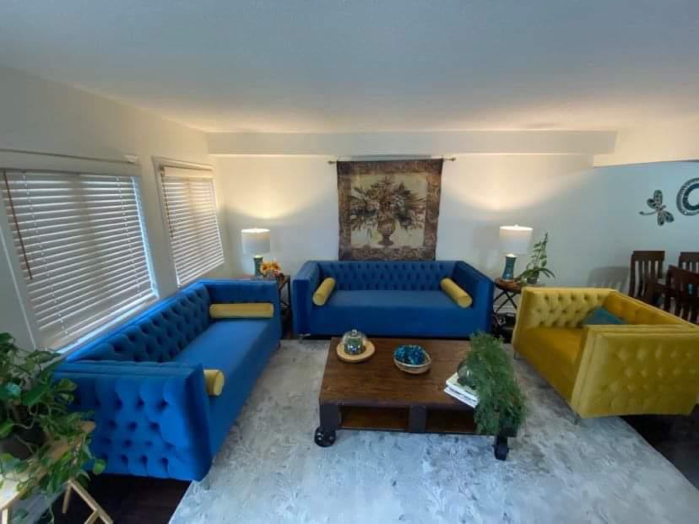 Blue Velvet Sofa Set with Yellow Accents