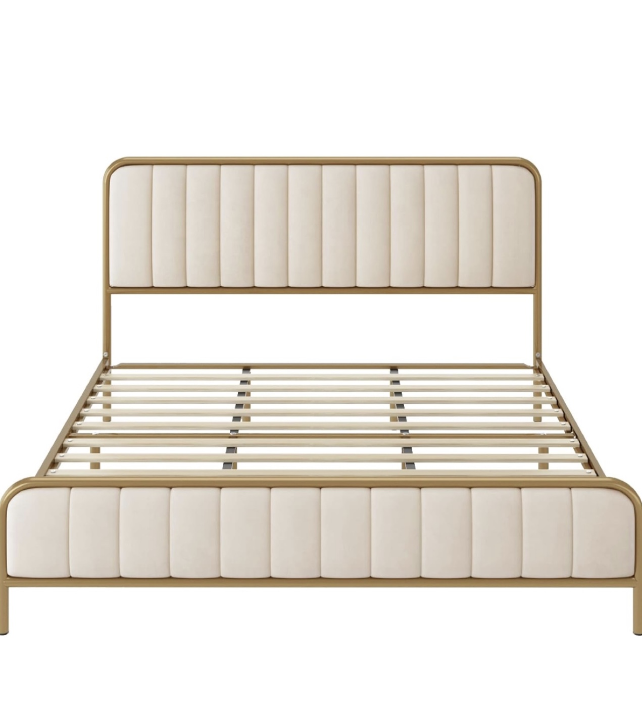 Queen Bed Frame - Gold metal & beige velvet - photo 2