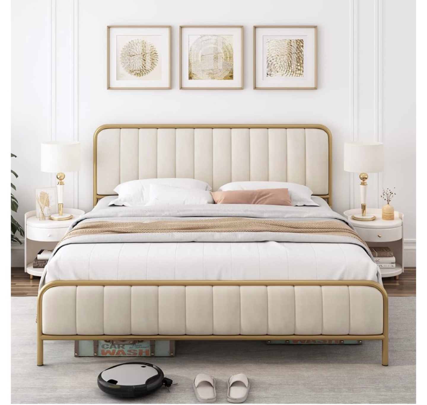 Queen Bed Frame - Gold metal & beige velvet