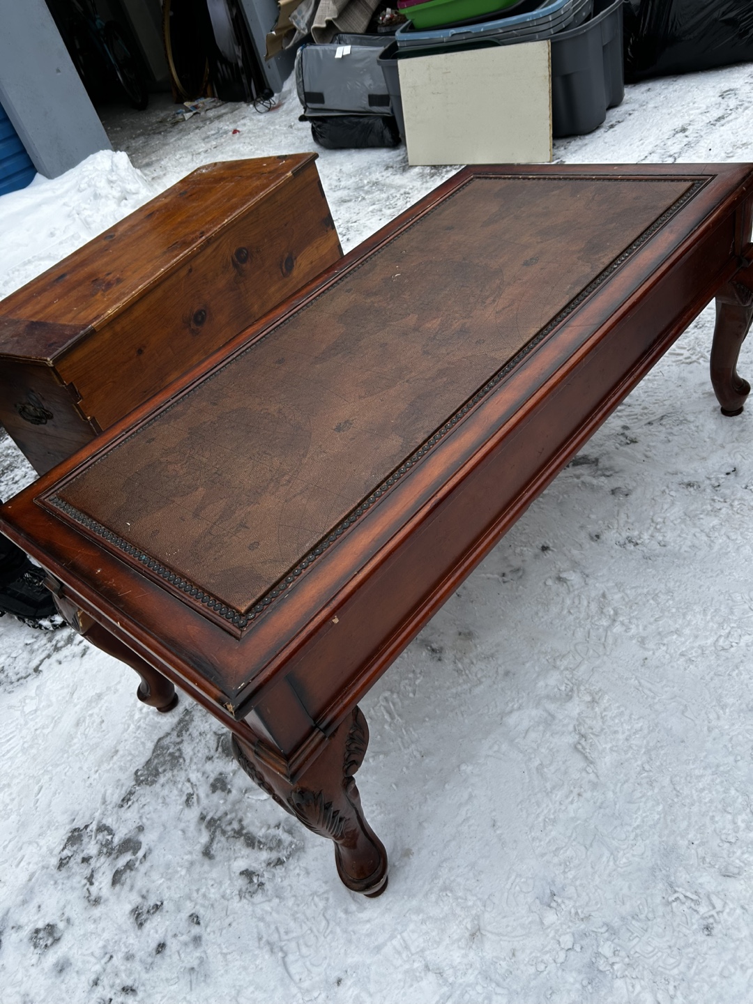 Antique like Wooden Coffee Table Set with Map Top
