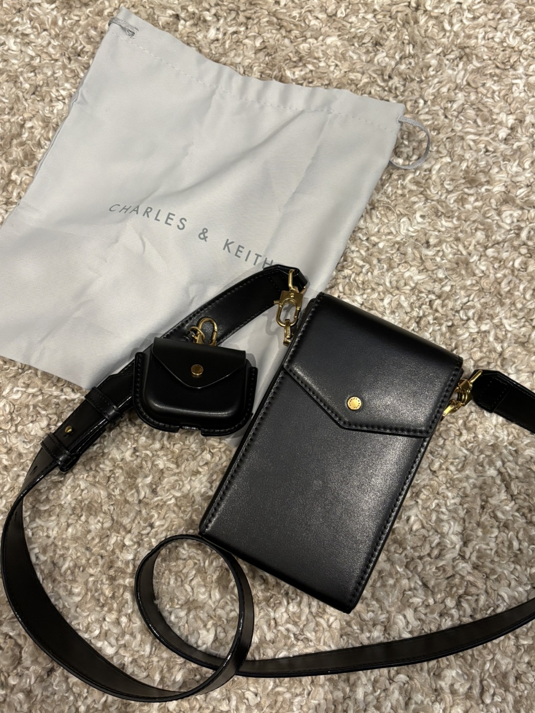 Charles & Keith Black Leather Phone Crossbody Bag