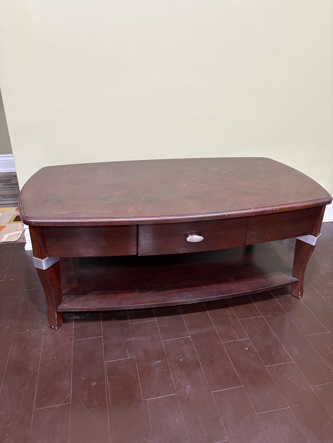 Dark Wood Coffee Table with Drawer and Shelf