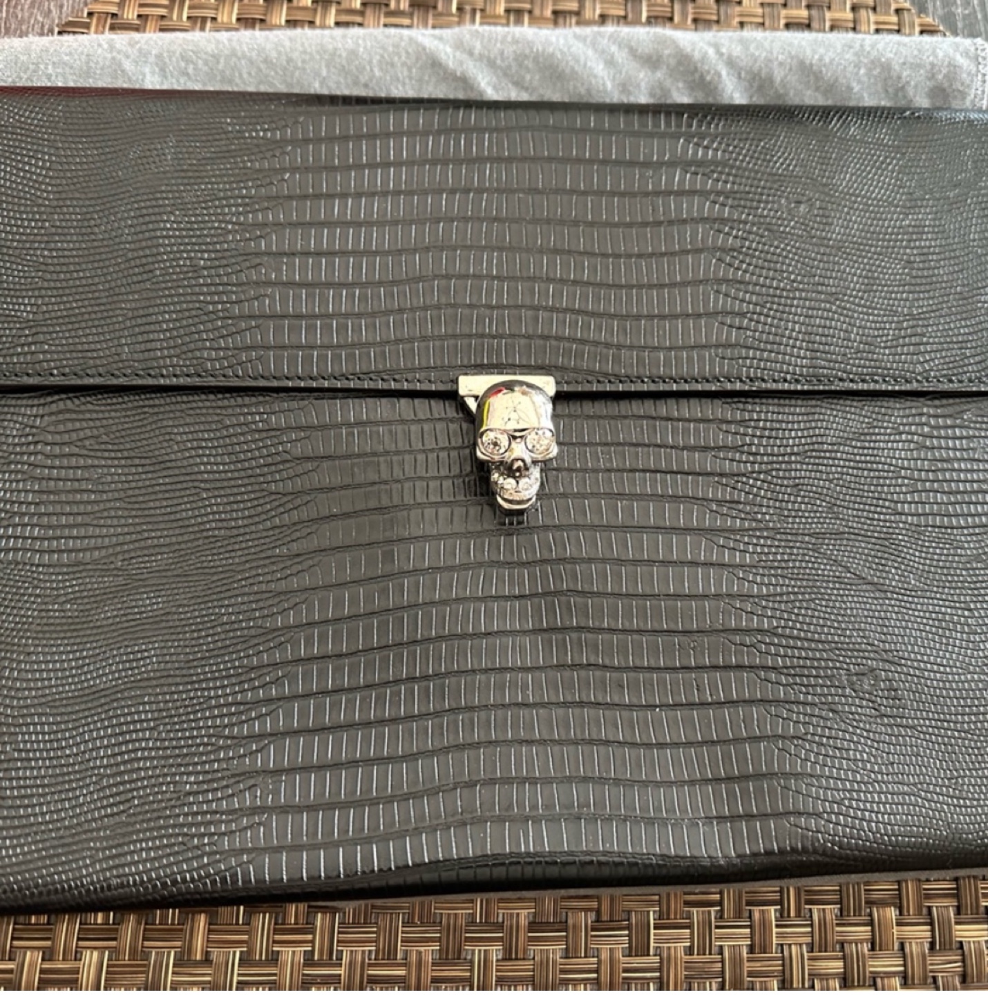 Alexander McQueen Black Crocodile-Embossed Clutch