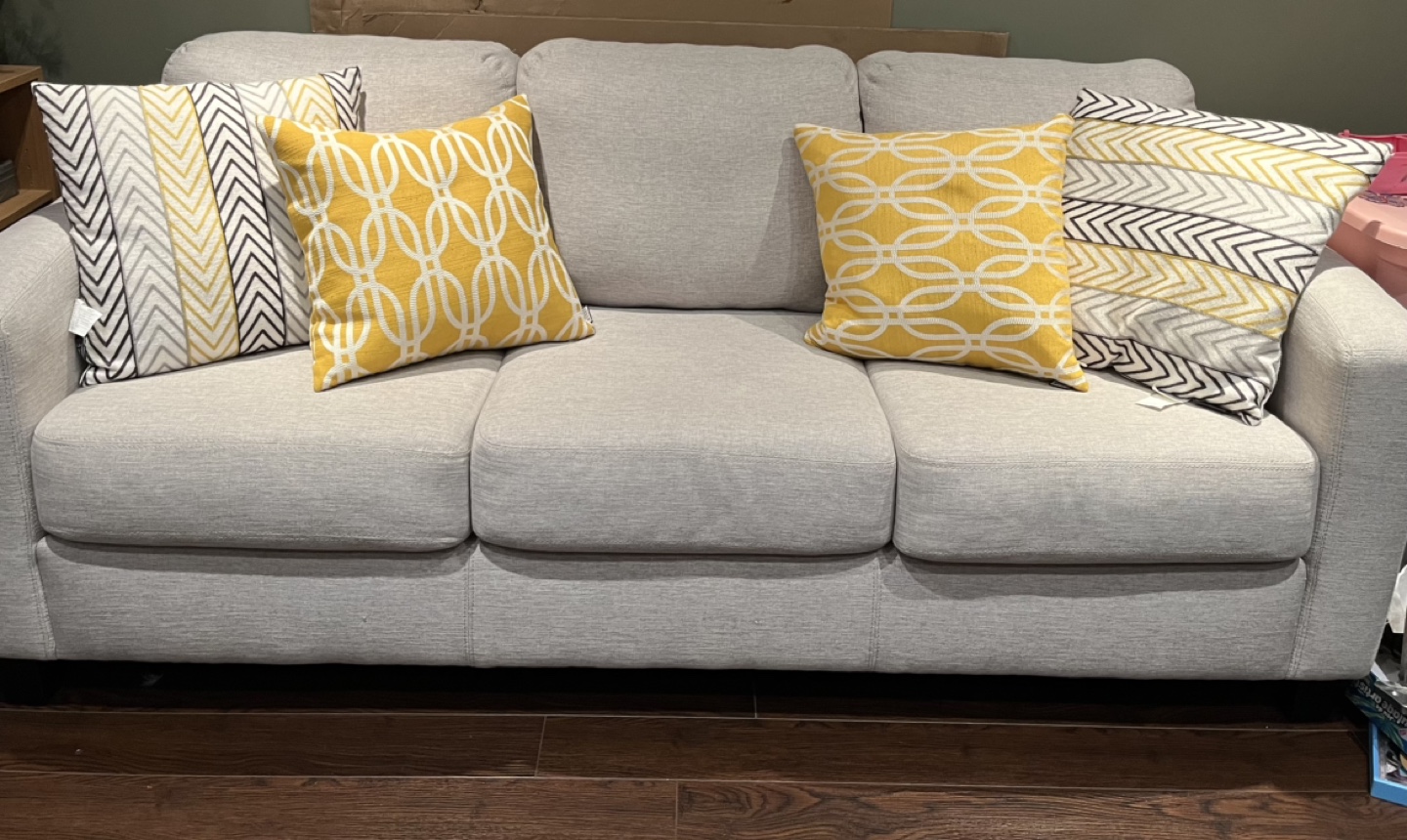 Grey Fabric Sofa with Throw Pillows