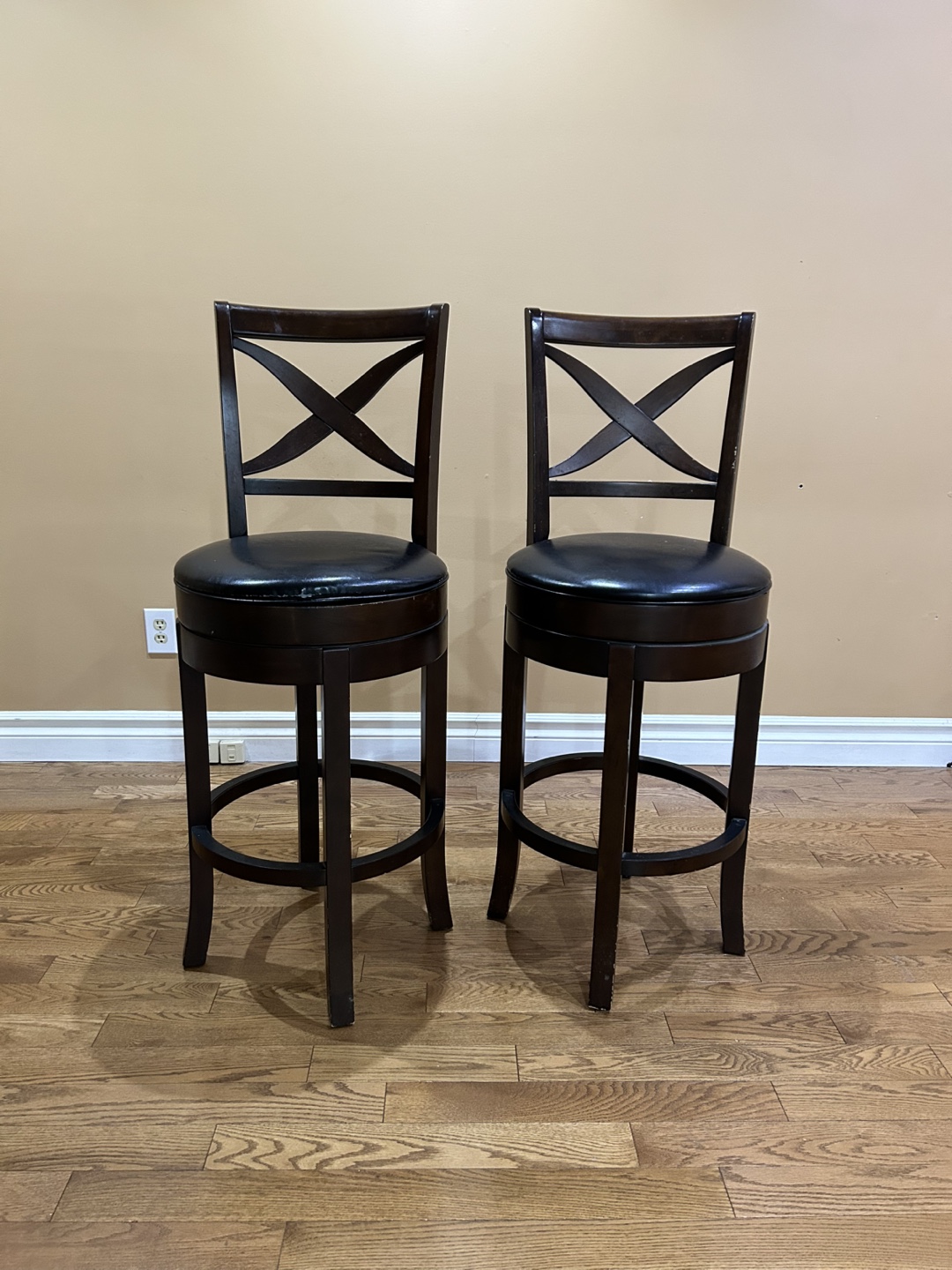 Pair of Dark Brown Bar Stools with Black leatherette Seats