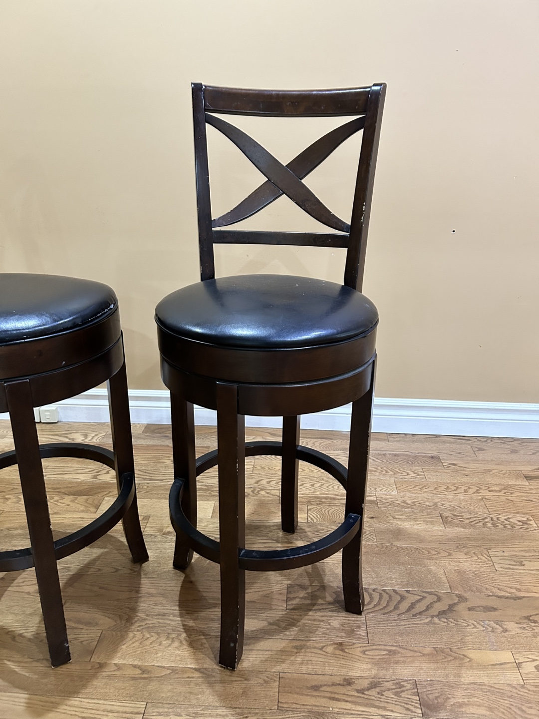 Pair of Dark Brown Bar Stools with Black leatherette Seats - photo 2