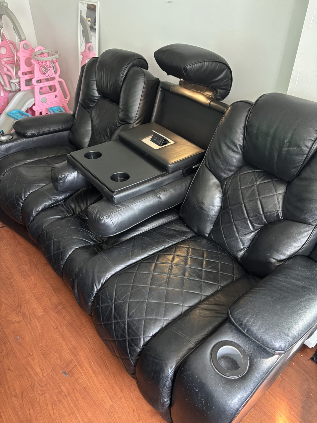 Black Leather Power Reclining Sofa with Console - photo 4