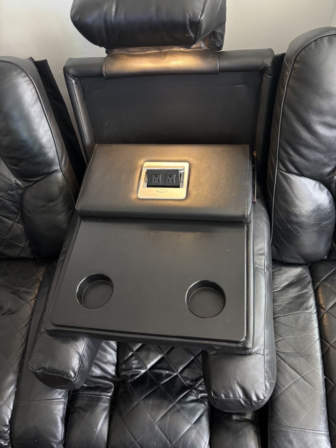Black Leather Power Reclining Sofa with Console - photo 2