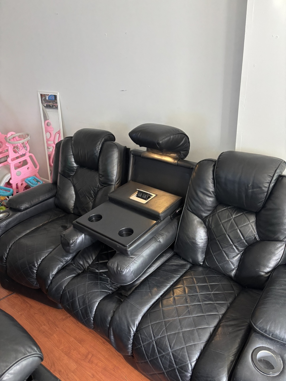 Black Leather Power Reclining Sofa with Console - photo 3