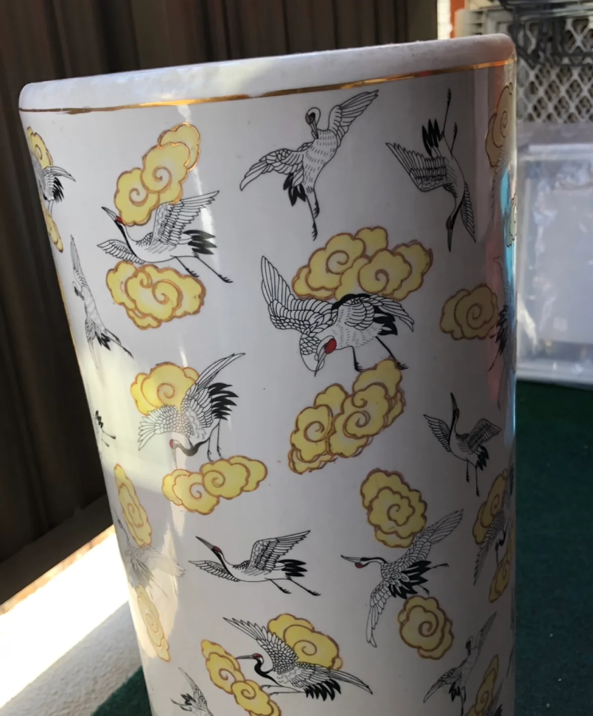 Vintage Porcelain Umbrella Stand with Crane Design image indicator(2)