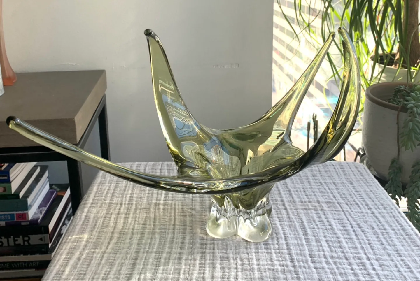 Mid-Century Modern Olive Green Glass Sculpture Bowl image indicator(5)