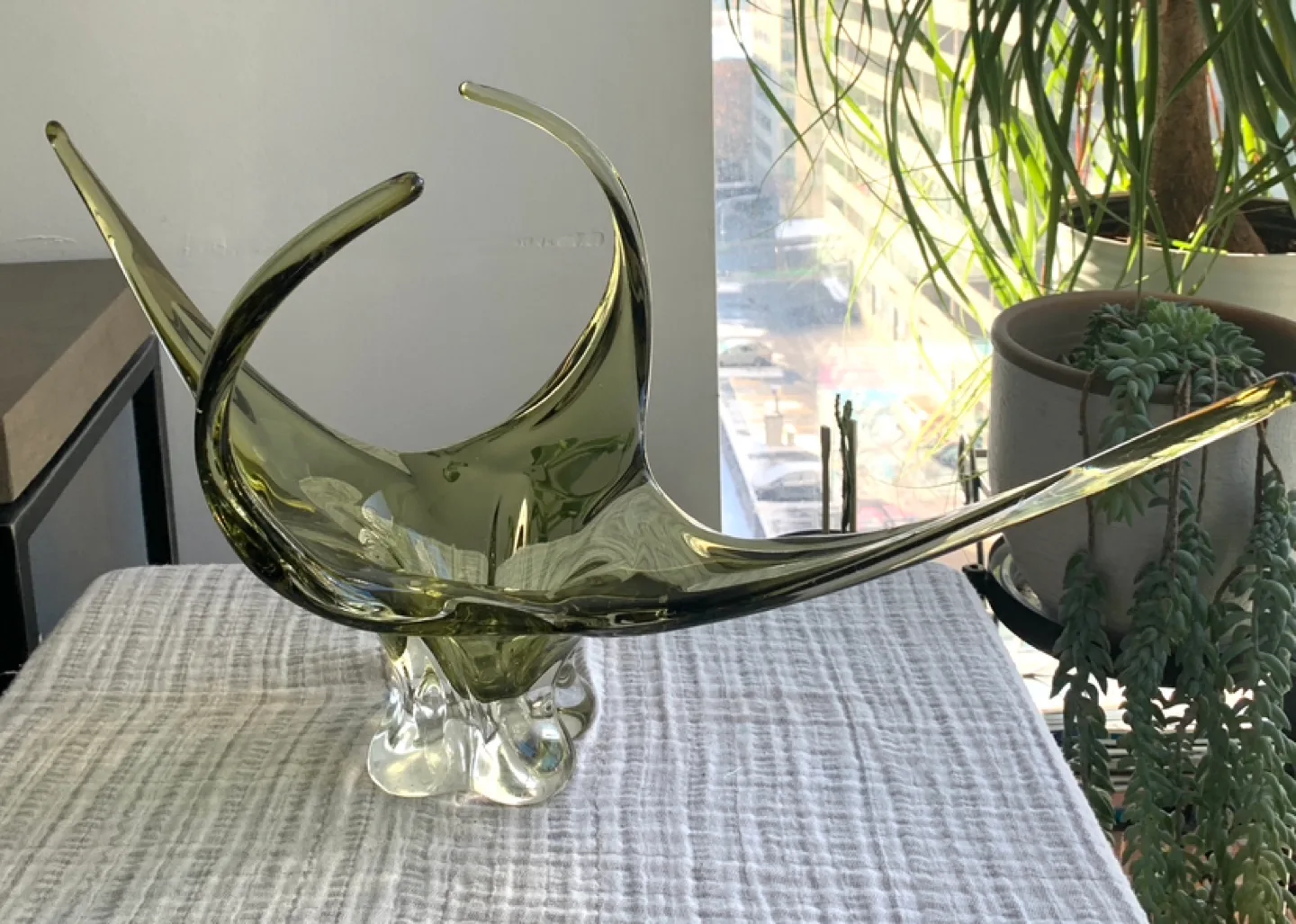 Mid-Century Modern Olive Green Glass Sculpture Bowl image indicator(4)
