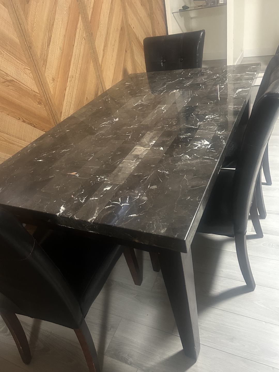 5-Piece Dining Set - Black Marble Table & Faux Leather Chairs