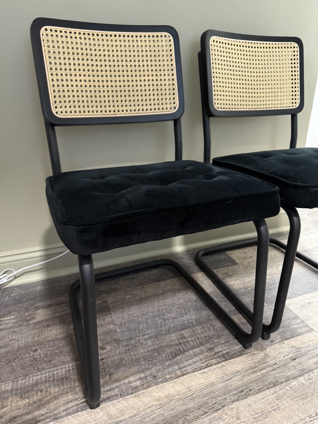Pair of Black Velvet and Cane Dining Chairs - photo 2