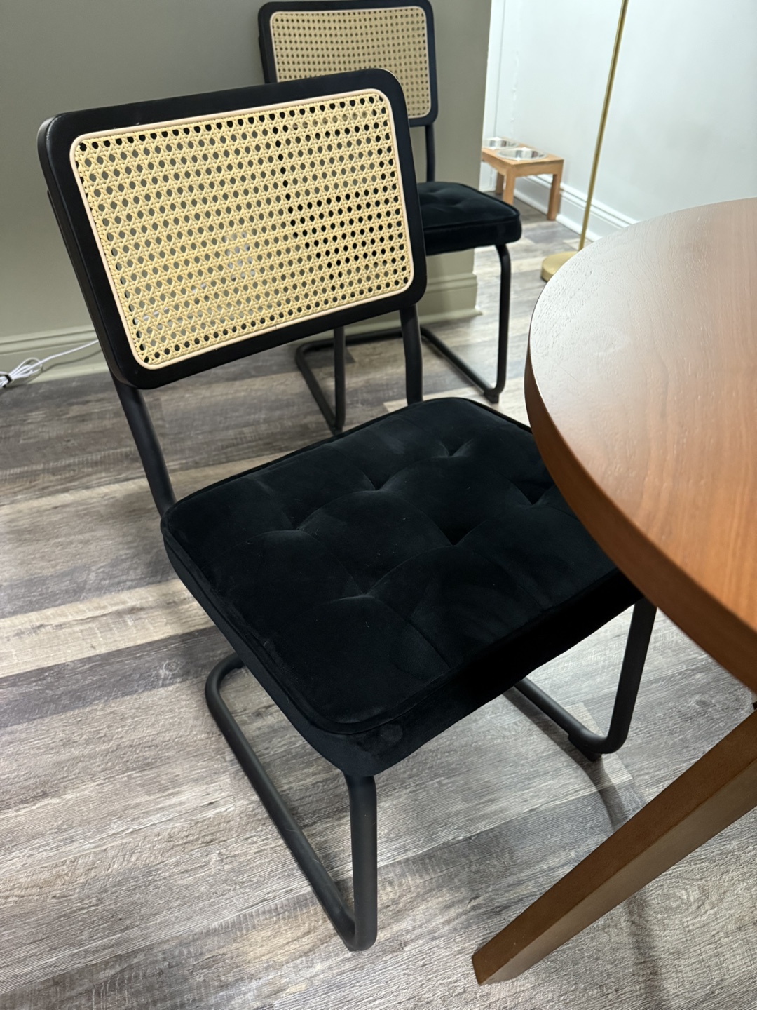 Pair of Black Velvet and Cane Dining Chairs