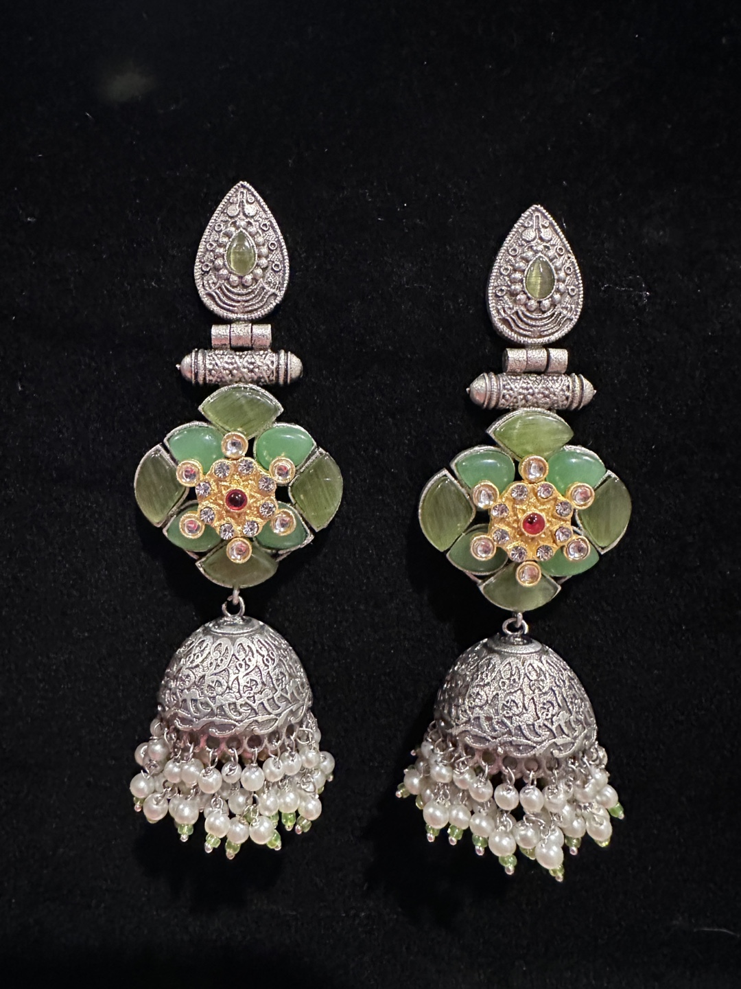 Elegant Oxidized Silver Jhumkas with Green and White Stones