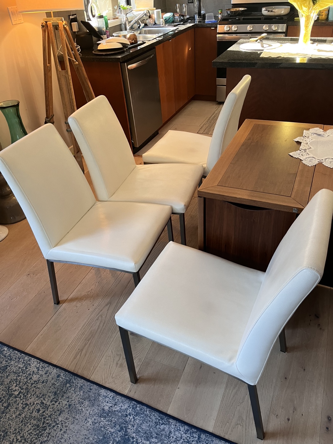 Set of Four White Leather Dining Chairs
