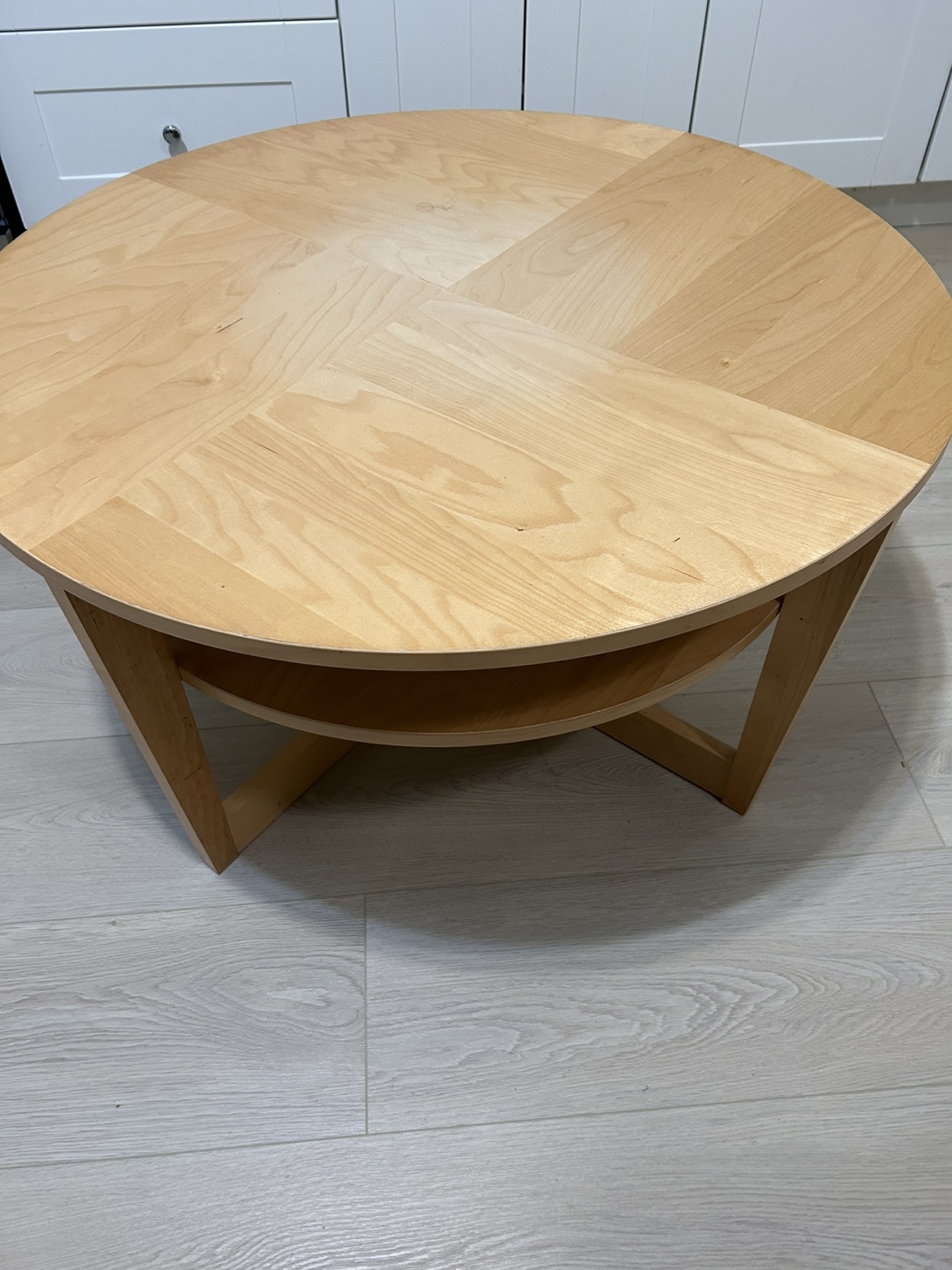 Round Wooden Coffee Table with Lower Shelf