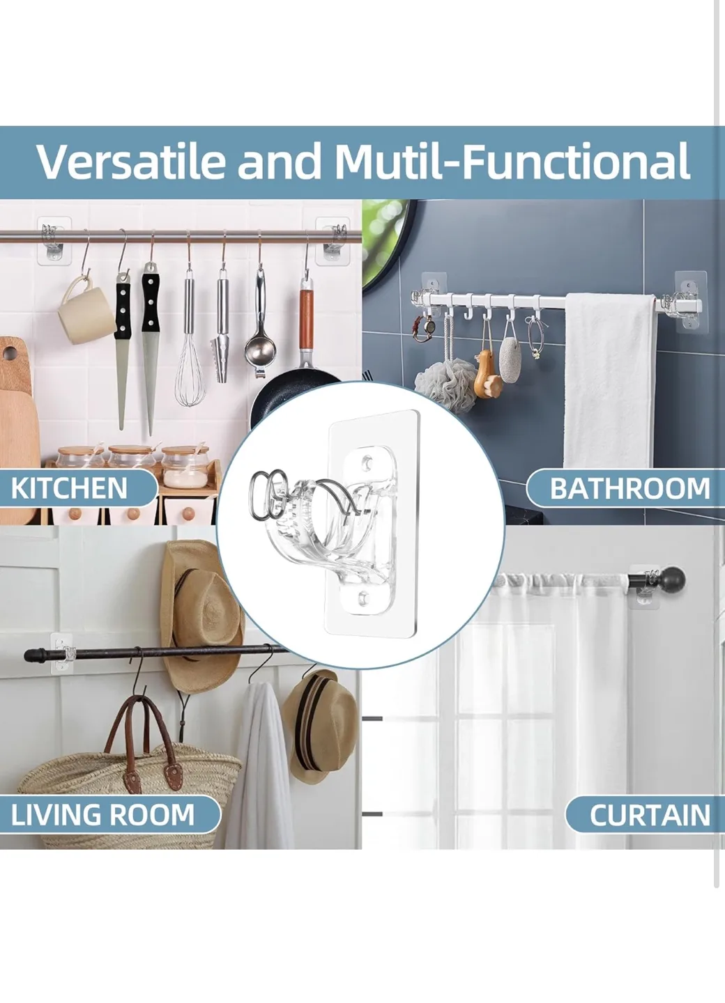 New No Drill Curtain Rod Brackets Heavy Duty Adhesive Wall Mount image indicator(2)