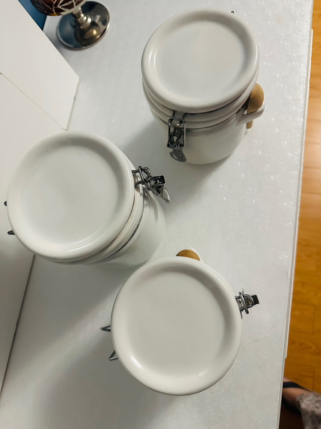 Set of 3 White Ceramic Canisters with Wooden Spoons