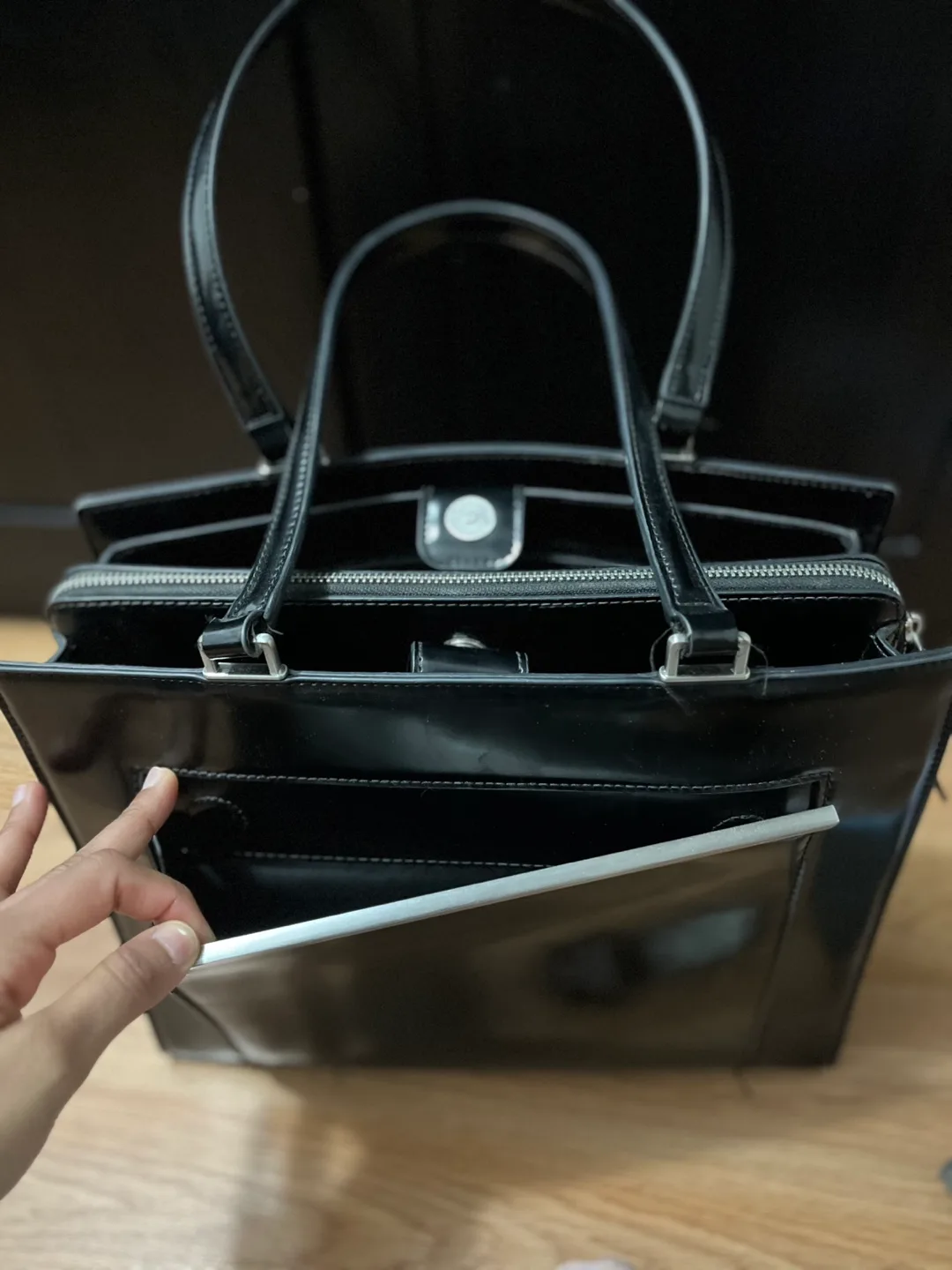 Calvin Klein Black Patent Leather Tote Bag image indicator(2)