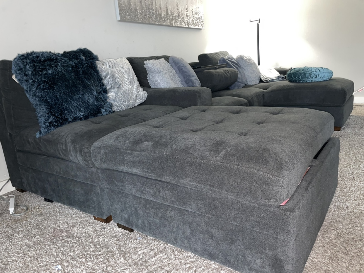 Dark Gray Sectional Sofa with Ottoman and Built-in Tray
