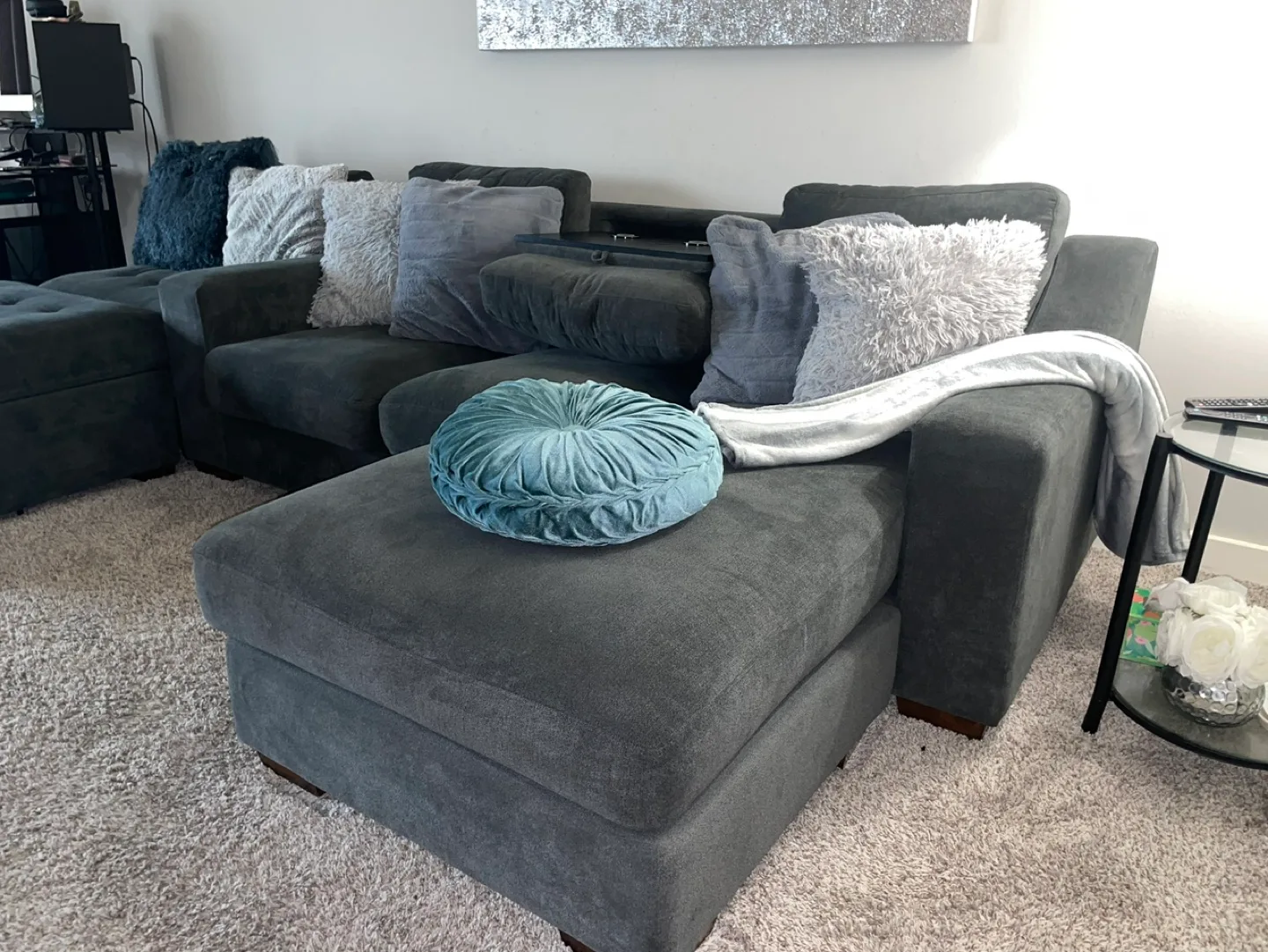 Dark Gray Sectional Sofa with Ottoman and Built-in Tray image indicator(2)