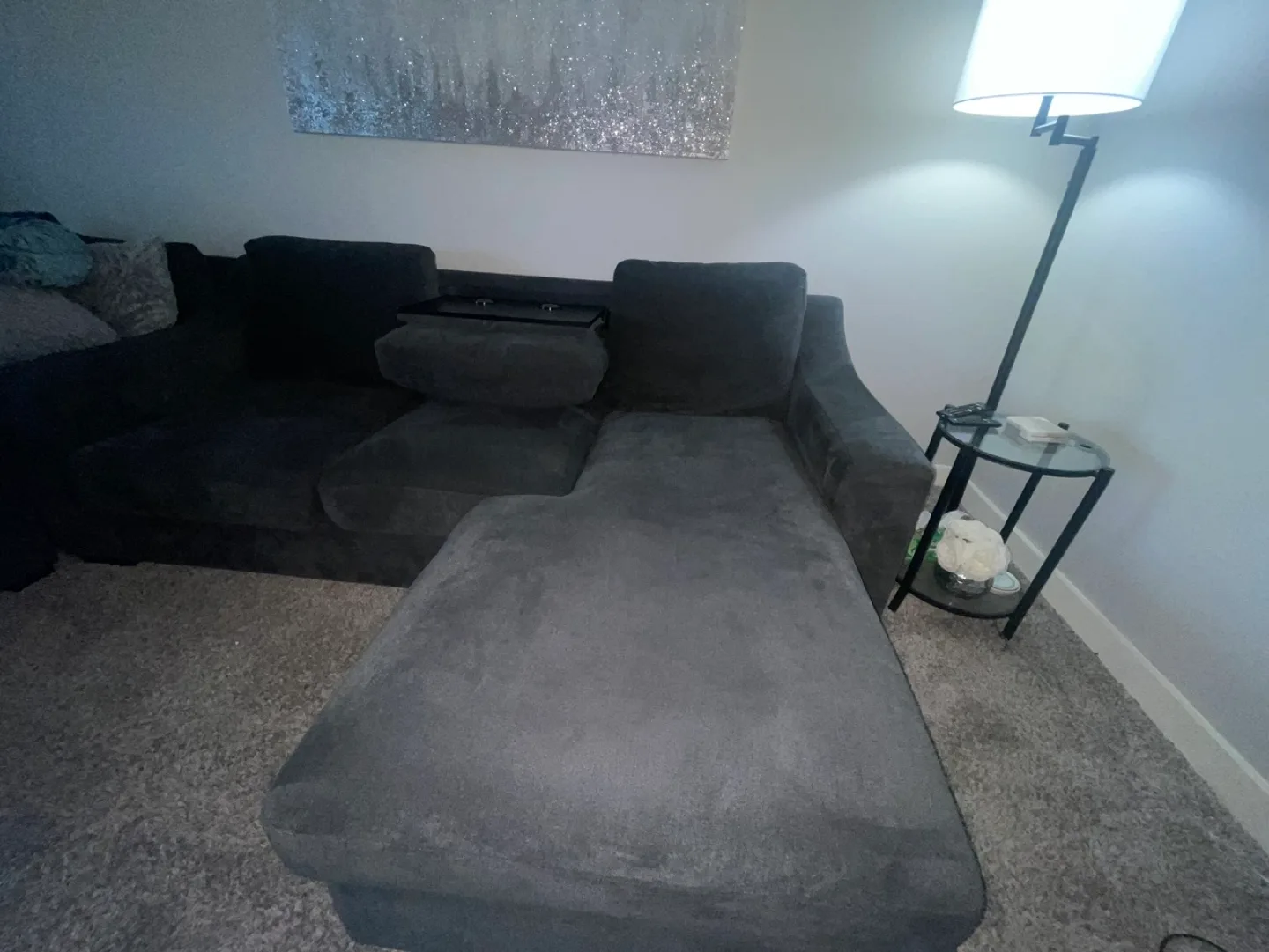 Dark Gray Sectional Sofa with Ottoman and Built-in Tray image indicator(4)