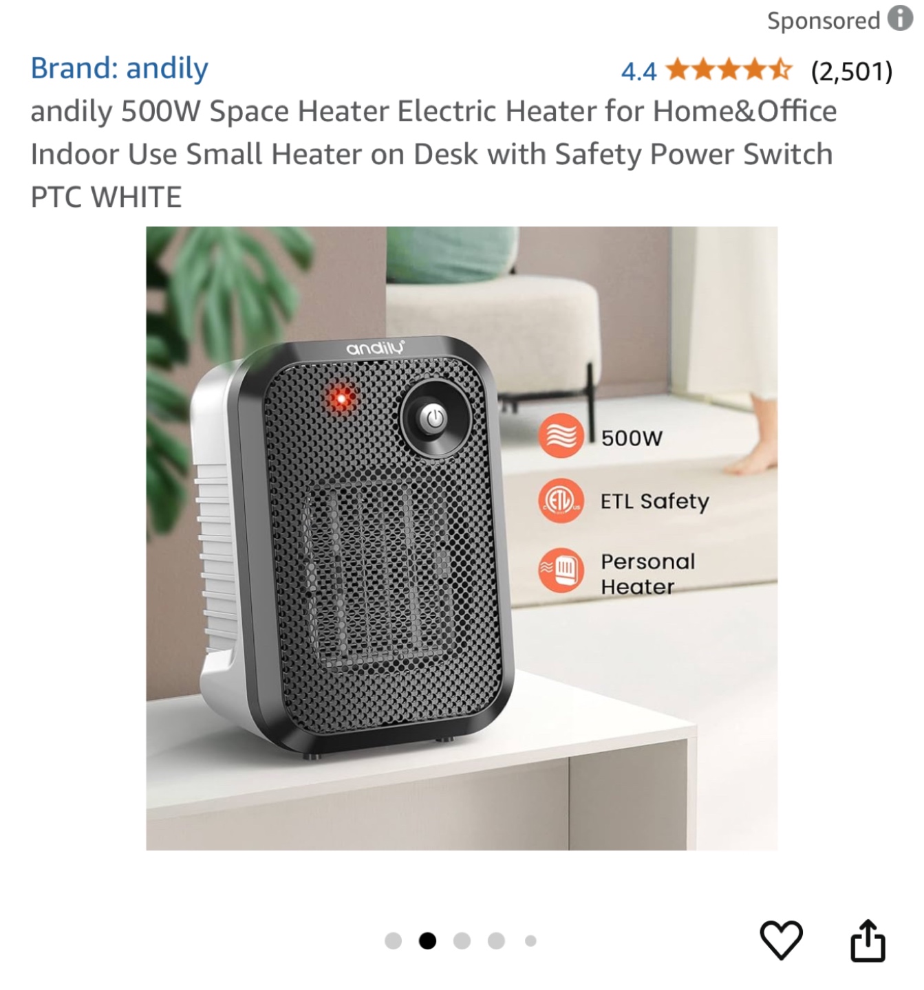 Andily 500W PTC Ceramic Space Heater - Model FH250B - photo 3
