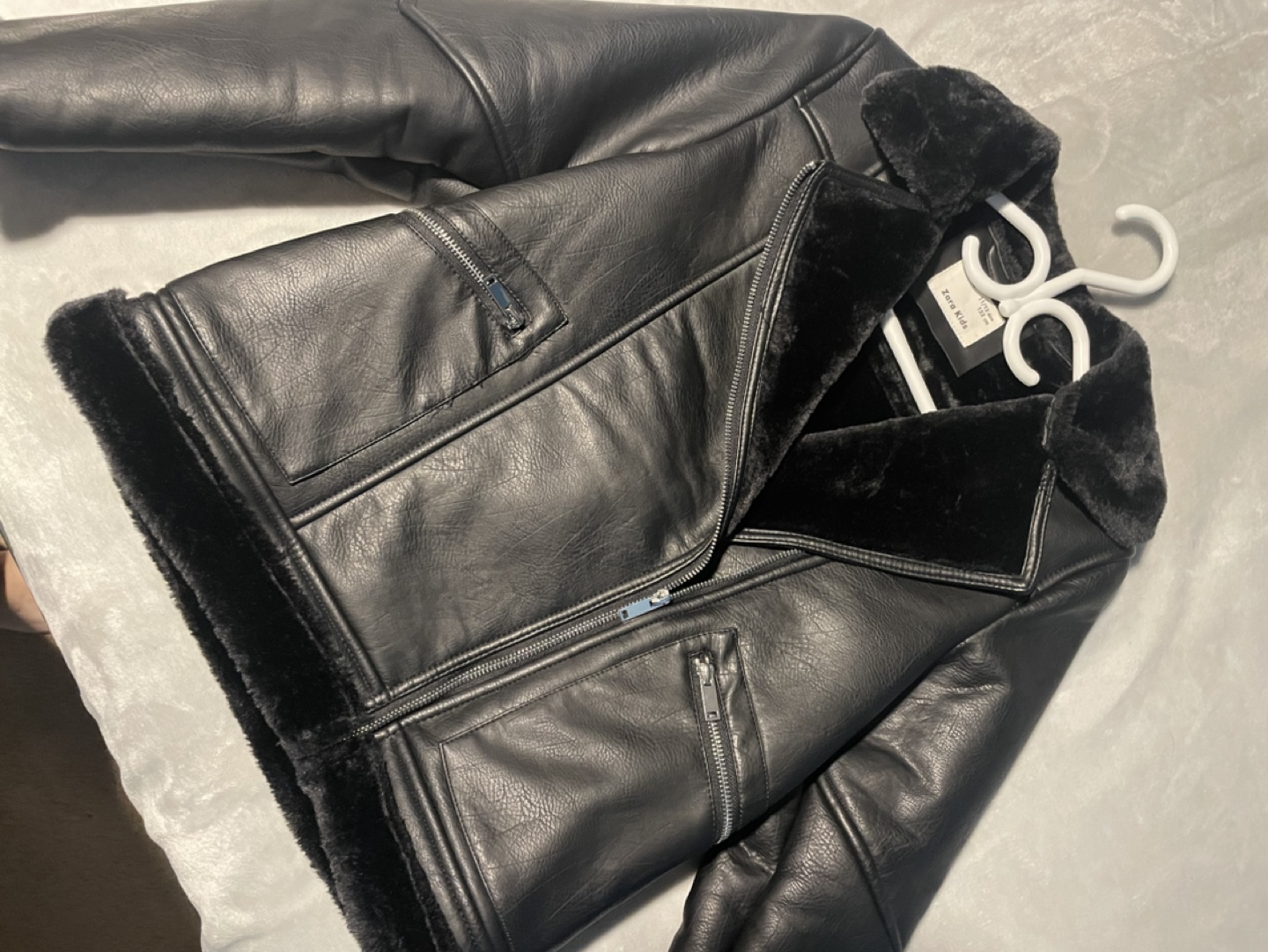 Zara Kids Black Faux Leather Aviator Jacket